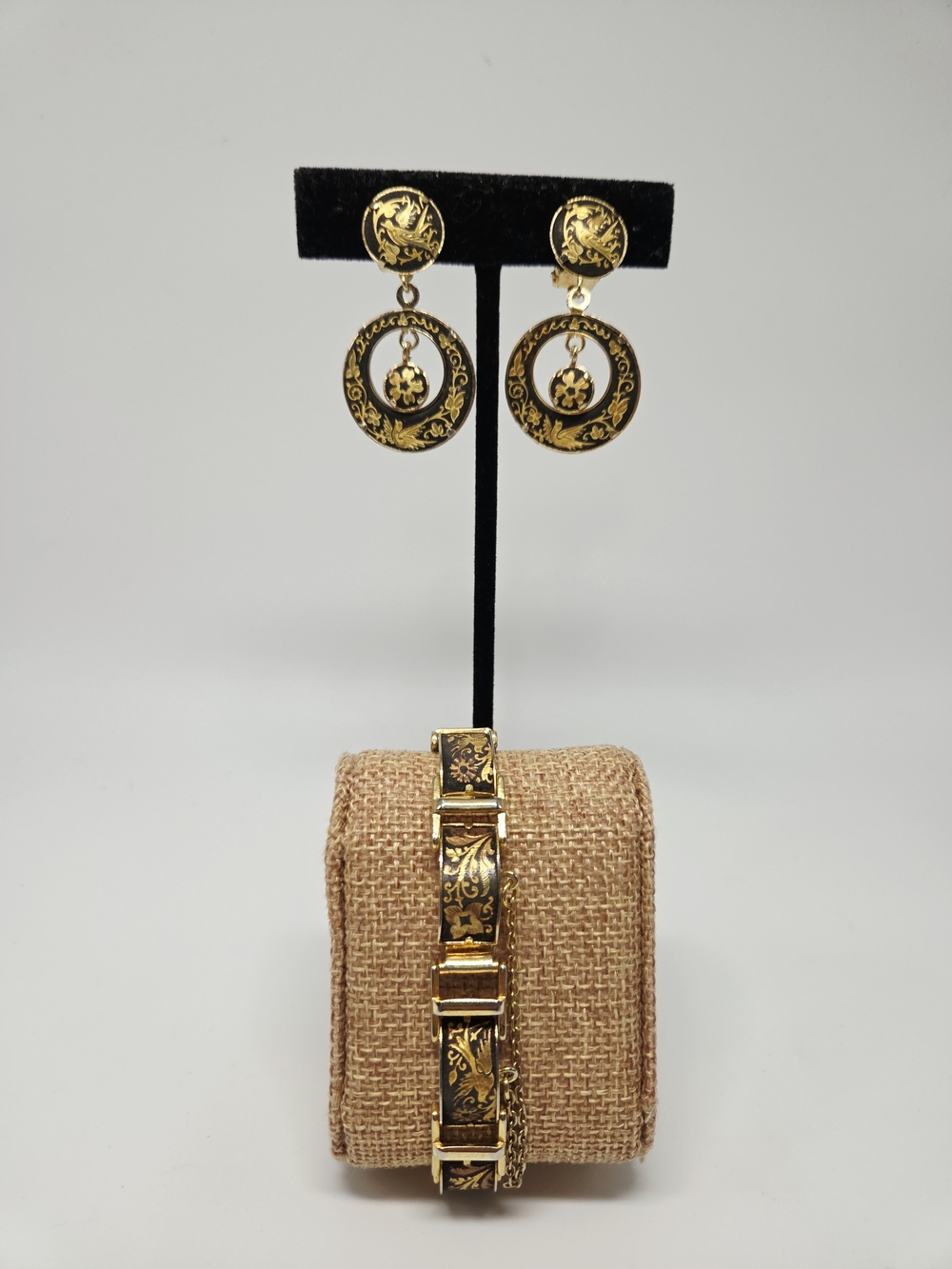 Damascene Earrings and Bracelet Set. Black And Gold Tone with Birds & Flowers